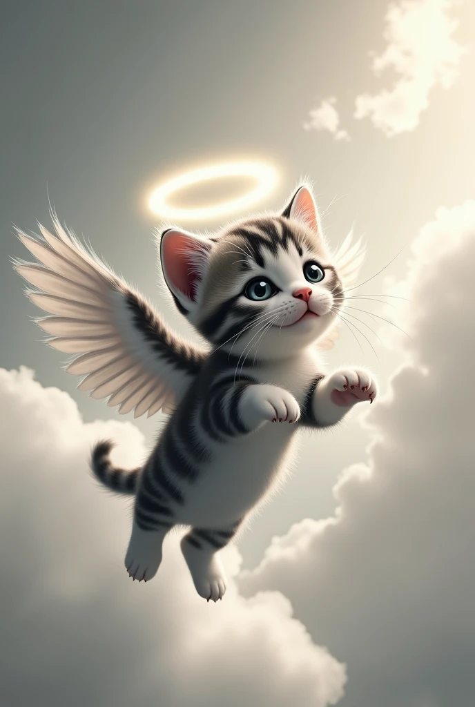 Black and white striped kitten with wings in the sky with halo