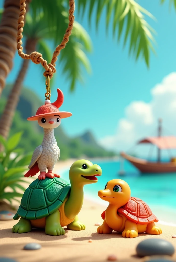 Use words like "keychain", "Rubberized", "PIUMA", "stone mountain", "coconut tree", "tortoise", "heron", "fishing boat", "beachfront", "swirly vibrant colors", "style cartoon", "realisitic", "minimalistic"