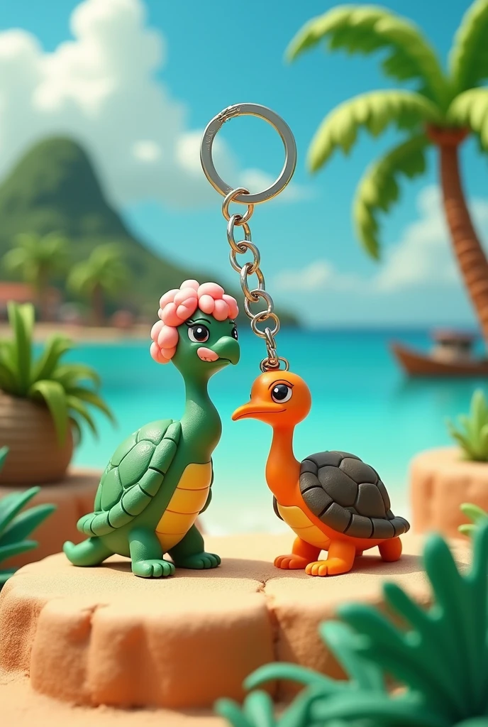 Use words like "keychain", "Rubberized", "PIUMA", "stone mountain", "coconut tree", "tortoise", "heron", "fishing boat", "beachfront", "swirly vibrant colors", "style cartoon", "realisitic", "minimalistic"