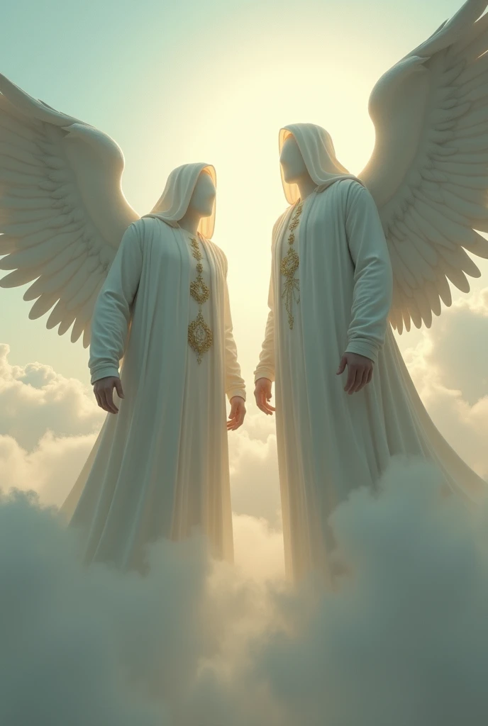 2 tall big male muslim angels with faces covered in light descend from the sky . soft light. 8k