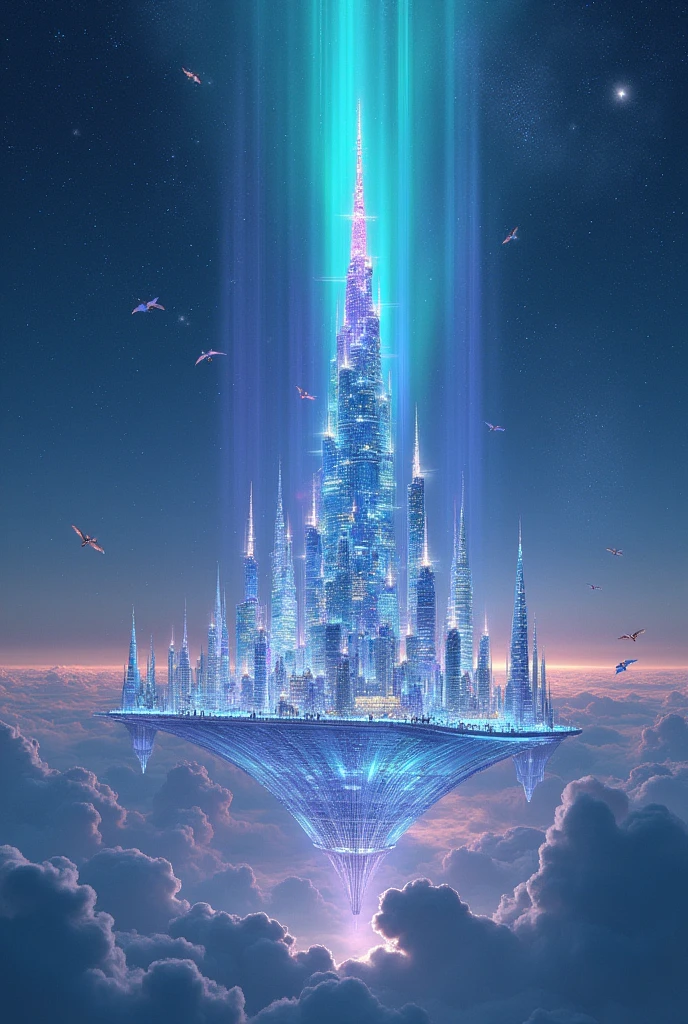 「A huge floating city in the night sky、The building is made entirely of shiny glass.、The starry sky is reflecting and sparkling。In the center of the city、There is a floating tower of light、From its tip, a colorful aurora shoots into the sky.。The streets are lined with transparent walkways.、people々is walking on air as if he is defying gravity。Below is a sea of clouds、Fantastic flying creatures fly leisurely between them.。The whole city seems to be floating on a sea of stars.、A dreamy sight。