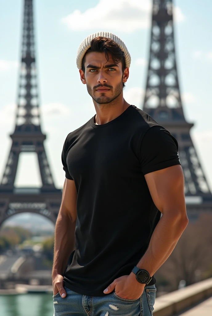(photorealism:1.2), (8k) (detailed) (Whole body) facial features: Square face with a marked jaw, prominent cheekbones and thick, dark eyebrows. Adds youthfulness to your appearance.hair: hair oscuro, usually combed back or styled slightly tousled, which can vary between short and medium.eyes: eyes verdes oscuros, with a penetrating look that expresses confidence.Complexion: Athletic and toned physique, well defined. Of medium-tall height, which gives it an imposing presence.style: Your style of dress: black t-shirt with a white wool hat, ripped jean pants.Skin tone: Skin tone bronceado, typical of the Mediterranean.Expression: He usually has a serious or concentrated expression., Although he can display a charming and confident smile.(standing in a daring pose next to the Iffel tower in Paris)