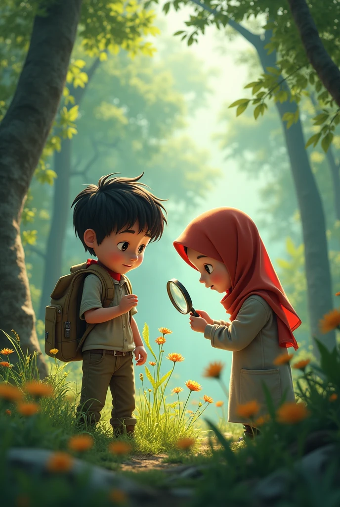 situation in the wilderness, There is a boy and a girl wearing a hijab who are looking for rare plants using a magnifying glass.
