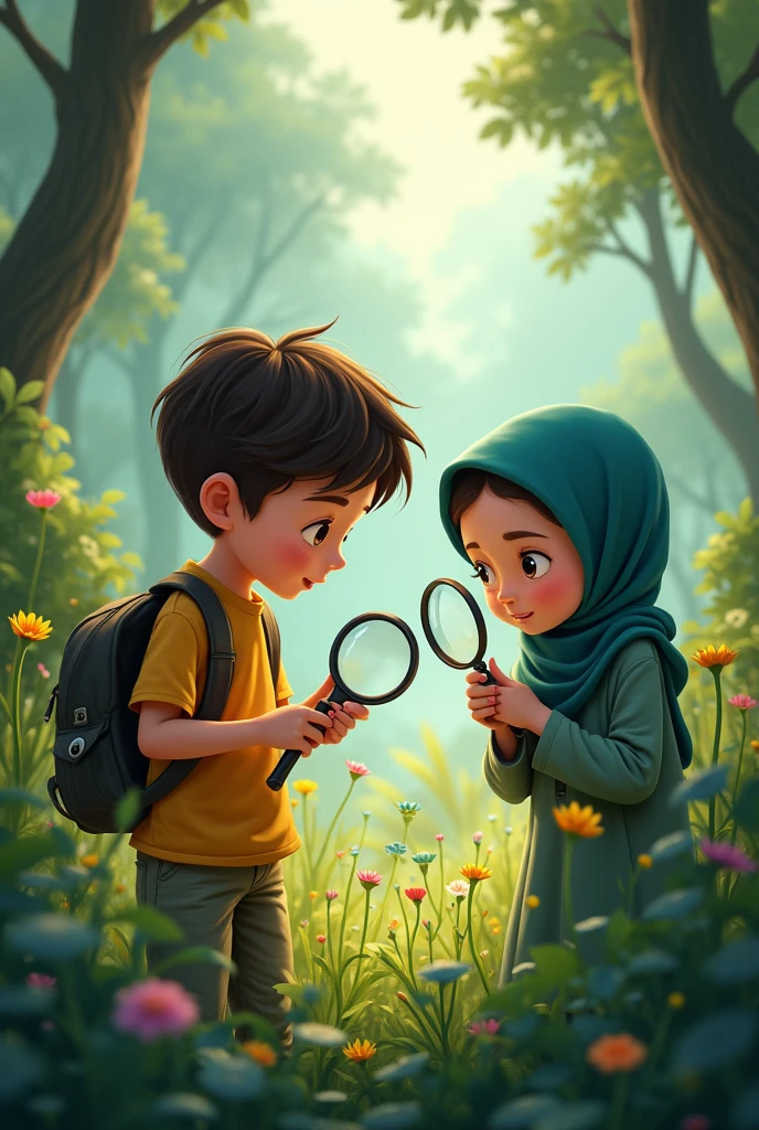 situation in the wilderness, There is a boy and a girl wearing a hijab who are looking for rare plants using a magnifying glass.
