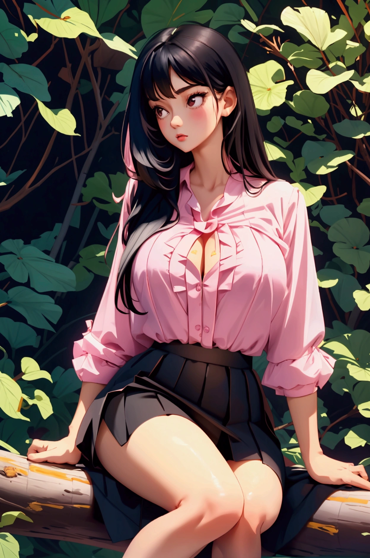 a tall girl, grandeta, a lot of chest, pink blouse, white short skirt, WHITE SOCKS, sitting on a log, long black hair