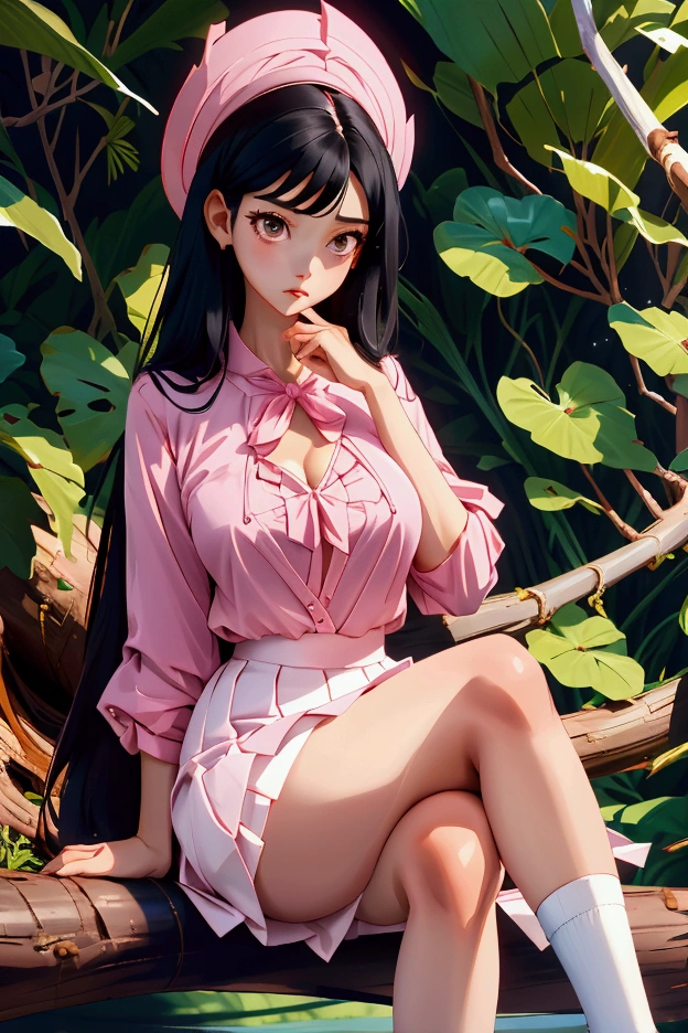 a tall girl, grandeta, a lot of chest, pink blouse, white short skirt, WHITE SOCKS, sitting on a log, long black hair