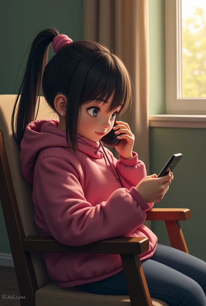 a young girl with a ponytail, sitting in a chair and talking on her cell phone. She appears to be engaged in a conversation, possibly with someone far away. The girl is wearing a pink jacket, and the chair she is sitting in is positioned in front of her. The scene captures a moment of everyday life, with the girl focused on her phone call.
