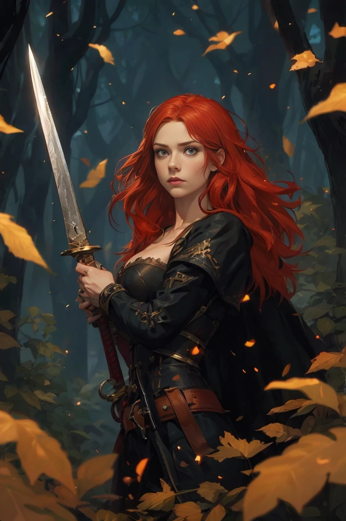 Young white woman with red hair, with a defiant look and a frown holding a sword with the edge facing down, with black pants, medieval loose black shirt and a black corset, with a broad-shouldered, muscular man behind her, his hands over hers on the back knob. The white man with grey eyes and black hair, falling on his disheveled forehead, with a tunic fitted to his robust and sturdy body in black. glare, fixed and intimidating eyes. In a blue-hued forest with a huge, thick-trunked tree behind them. Little blue lights in the air. Woman and man. couple. Holding with both hands. at night. dark environment. The woman lying on the man's back. Man bigger than her. Noticeable height difference.
