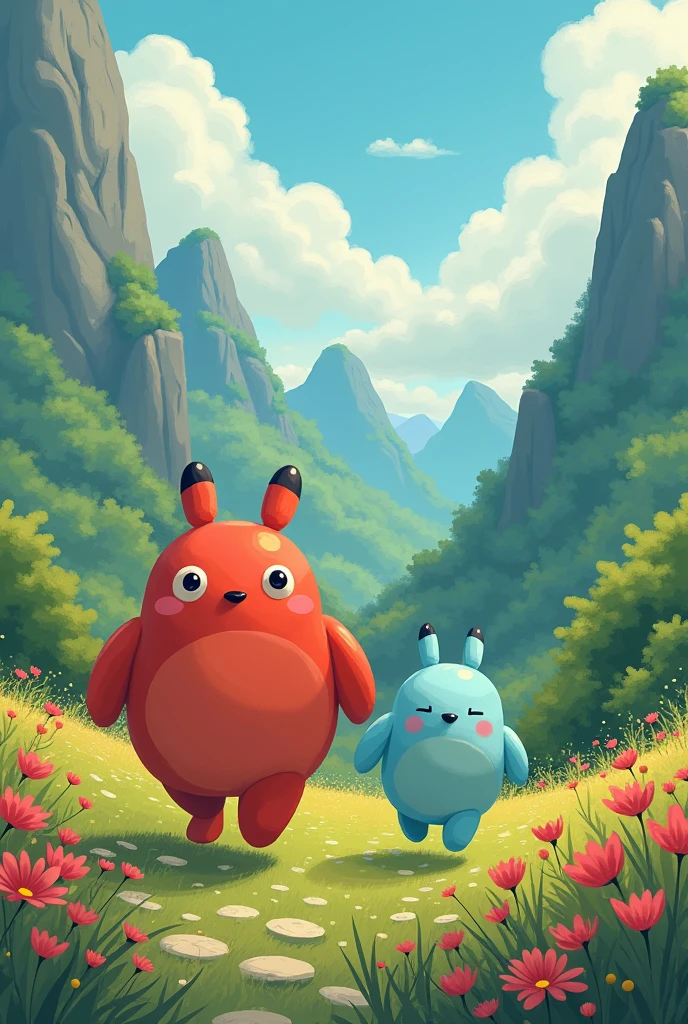 draw and create two characters for , they must be formless non-human beings like studio ghibli . Strength and Movement they are friends adventurers and super brave. Strength robust red and Movement light blue, these on a fantastic land with forests, mountains and flowers, with running poses
