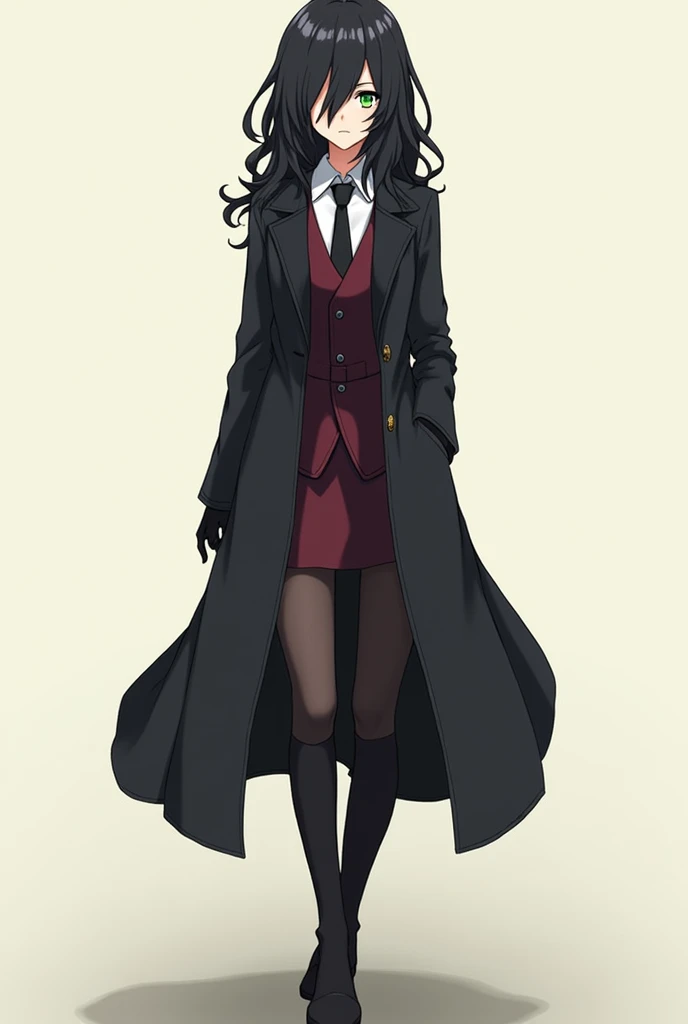A female character in the style of drawing from the anime bungou stray dogs. Young and serene appearance, elegant that reflects intelligence and maturity, hair down to below the shoulders, wavy and dark, black, with an asymmetrical hairstyle that partially covers one side of her face, Her right eye is covered by her hair. His eyes are a deep green color. He is wearing black clothing that includes a long, dark trench coat., with long sleeves and shorts NO SKIRT. The trench coat has a belt tied at the waist., that fastens in the front. He has a white button-down shirt and a small, wine-red, closed vest.. He wears gloves and knee-high boots and a tie., los tres black. The posture and facial expression suggest that she is ready for a battle or quick action.. She is tall and serious.