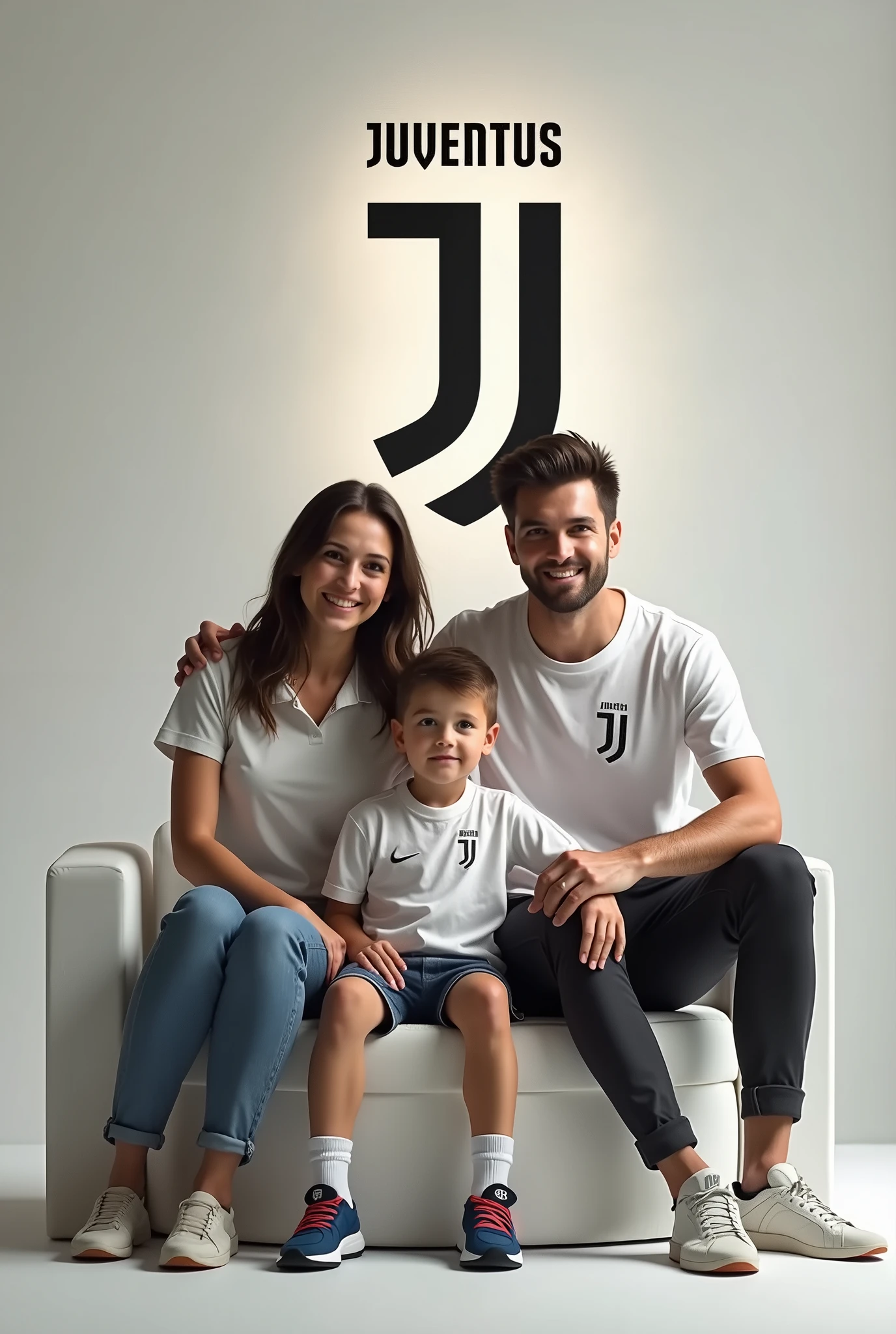 Husband's Family Photo, wife and 1 son sitting on a Juventus chair surrounded by the Juventus football club logo, facing forward with the words Rico Lipana heading to 10K, HD Realistic