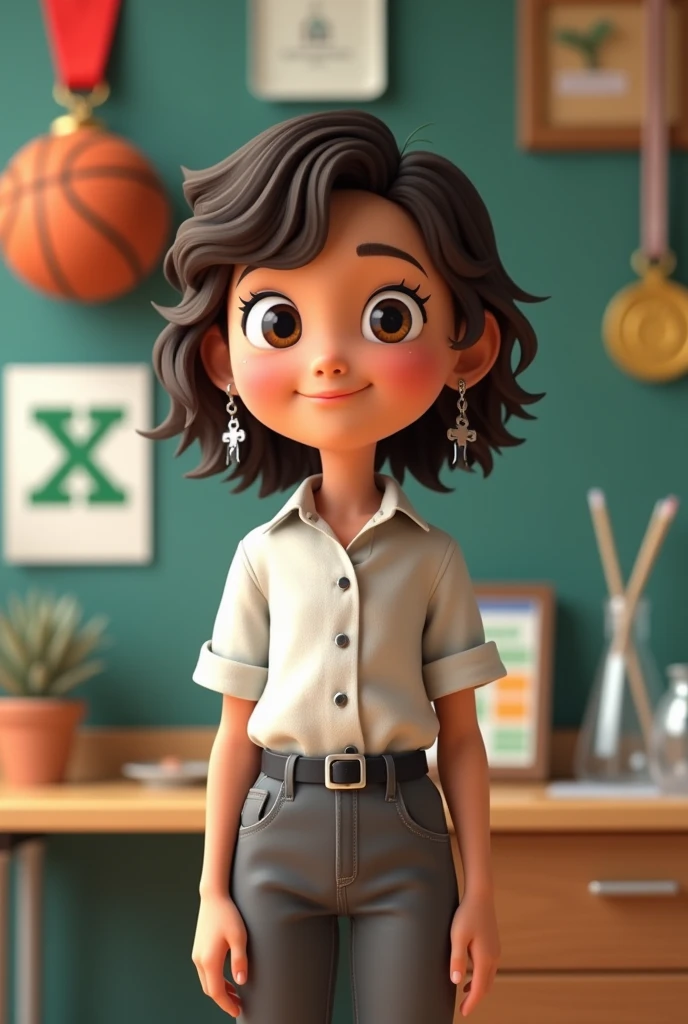 teenager, with dark brown hair, dark brown eyes, wavy hair that is somewhat curly, shoulder length hair and cut in layers separated almost in the middle but not completely in the middle, somewhat disheveled without bangs but with strands around the face, not so skinny, white skin, 1.65cm tall, not so skinny but not fat either, somewhat round face, small nose and mouth, slightly Chinese but big eyes. Include in the background something related to excel the logo, basketball, programming, test tubes or a periodic table of chemistry, and winning medals or competitions. Animated. Clothing: formal gray dress pants, button-down dress shirt, black belt, small hoop earrings with a silver cross hanging and silver rings. Look young, study high school. Not anime style. Make it animated, something 3D. Make a more casual pose. Keep what I asked for the background. Not so thin. More disheveled, a more teenage air. A little more disheveled, tips pointed up. Simple smile, facing forward. Hair touching the shoulders. Better if does not look like a little child.