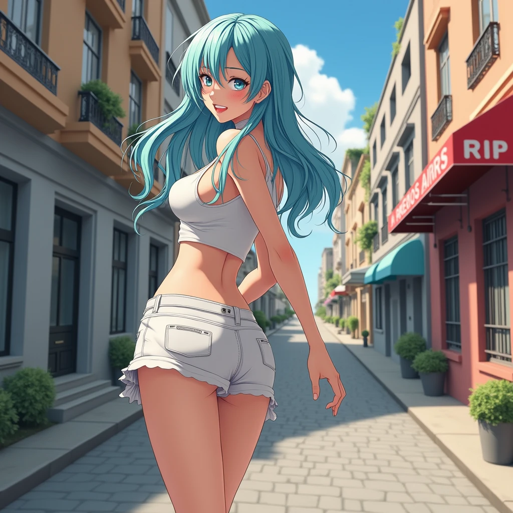 Create the same image of a single beautiful anime girl of 2 with white skin and aqua blue hair color with blue eyes with a white miniskirt all flirtatious showing more sensual poses in underwear in the city of Buenos Aires.