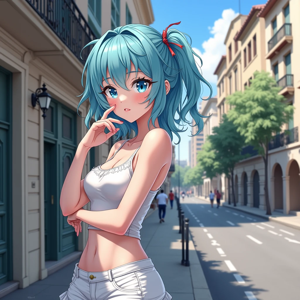Create the same image of a single beautiful anime girl of 2 with white skin and aqua blue hair color with blue eyes with a white miniskirt all flirtatious showing more sensual in the city of Buenos Aires.
