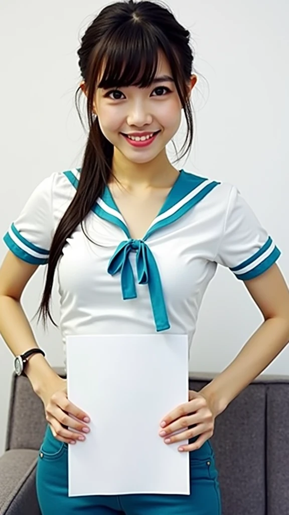 photograph, cowboy shot, woman holding A4 paper in front of waist doing a4 waist challenge, smiling beautiful Japanese female nurse wearing nurse uniform, slim hourglass figure, tiny narrow waist, beautiful detailed face, black hair, pale skin, fair skin, realistic skin, detailed cloth texture, detailed hair texture, Perfect proportion, Anatomically correct, Highly detailed face and skin texture, private modern hospital room, looking at viewer, asian face , perfect anatomy, realistic