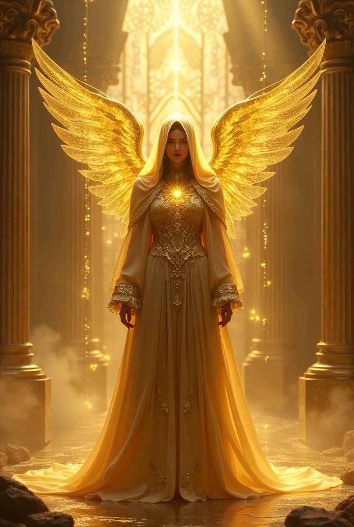 Gold suit wearing hooded angelic figure, golden shining lights, mystical environment and sacred geometry 