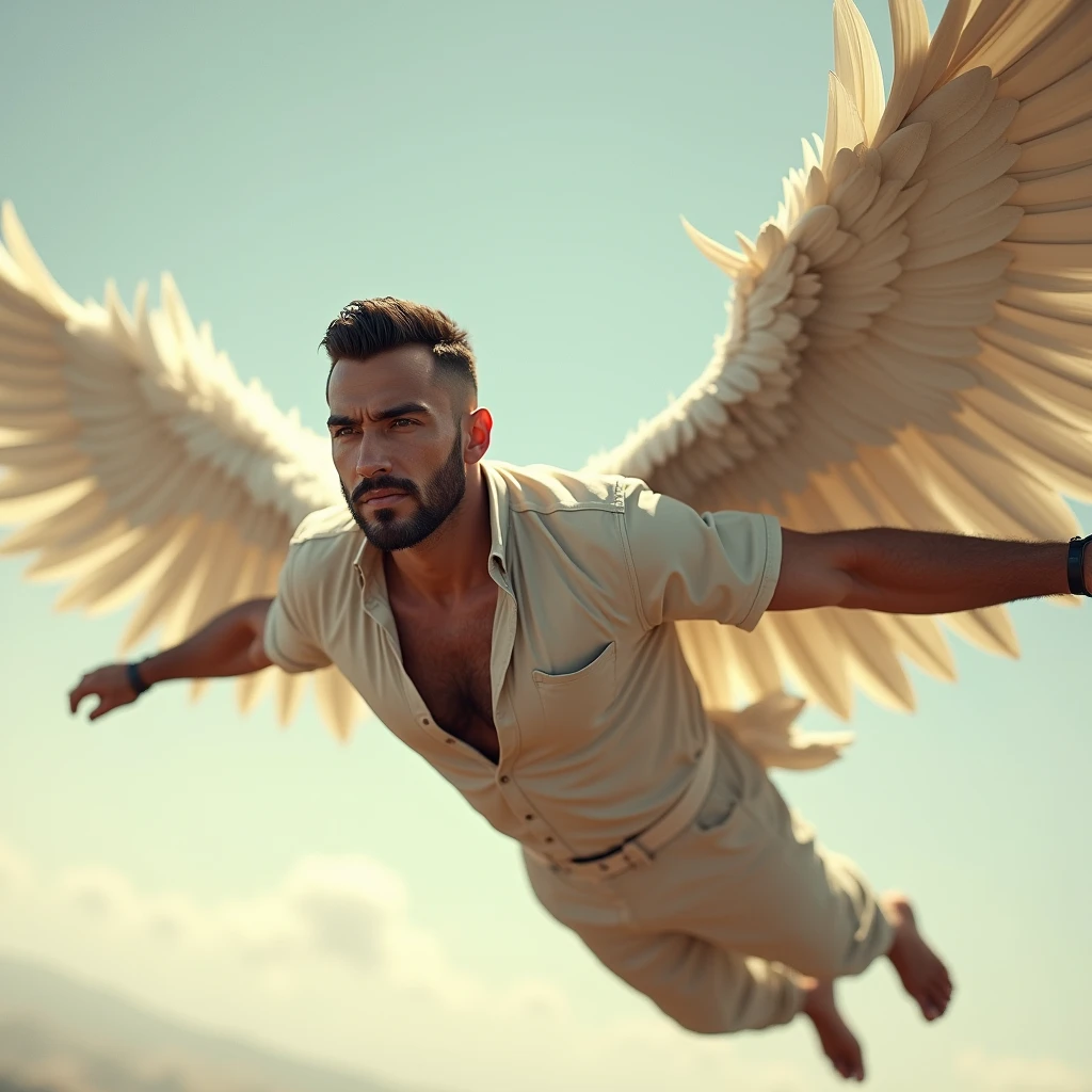 a man with short hair, barba, flying with beautiful wings, fully body. realisitic, hyper realist,