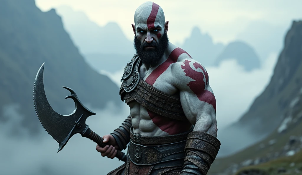 "kratos, main character of God of War, with their original swords, Blades of Chaos, generated with Unreal Engine 5.1, Rendered by Nvidia RTX GeForce 4090 and Processed by Intel Core i9-13900K. The armor is dark and worn, with leather and metal details. The swords are identical to the originals, with its distinctive design and serrated edge. La cara de kratos es igual a la oficial, with a serious and determined expression. The eyes are blue and penetrating. he is bald, with a completely shaved head. The lighting is dramatic, with deep shadows and intense lights. The background is blurry, with a landscape of mountains and cloudy sky. The image is hyperrealistic, with extremely precise details and realistic textures. The look is cinematic, with a focus on action and character intensity."