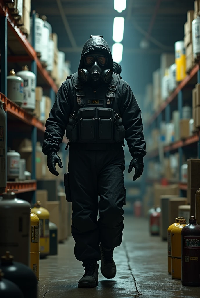 Man wearing a black hazmat suit, a ballistic-vest and a gas mask. Storage area scenery with UF⁶ gas containers behind.