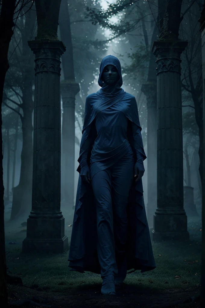 A faceless, ghostly figure draped in flowing, translucent blue robes, standing upright and facing forward. The figure has no discernible face, only darkness under its hood, and appears ethereal, with its robes shimmering faintly in the deep blue light. It floats slightly above the ground in a misty, ancient cemetery, surrounded by weathered tombstones and twisted, leafless trees. The figure's gaze is fixed forward, creating a haunting, unsettling presence. The dark blue mist swirls around its feet, and the entire scene is dominated by shadows and an eerie glow, enhancing the spectral, otherworldly atmosphere."