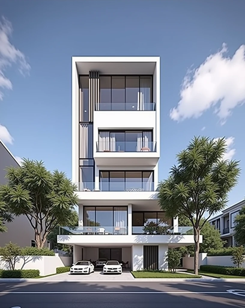 masterpiece, (photorealistic:1.2), best quality, ultra high res, exterior,architechture,modern house,white wall, glass windows,,trees,traffic road,design,trees around, blue sky,in the style of realistic hyper-detailed rendering, 32k uhd, low-angle, composite construction, piles/stacks, innovative page design, daylight,render( Vray:1.1)