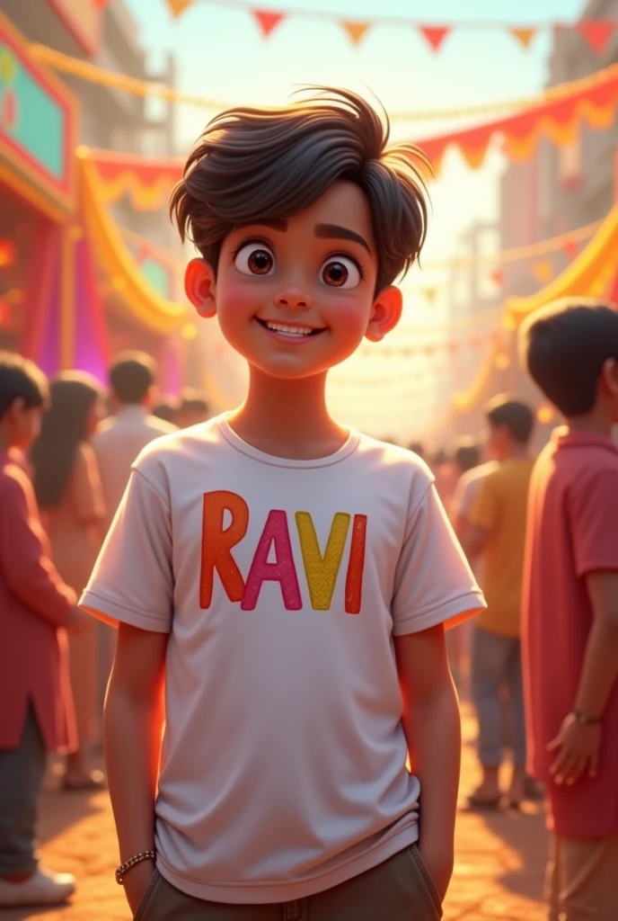 Janmashtami with a boy in white t shirt colour name ravi on t shirt