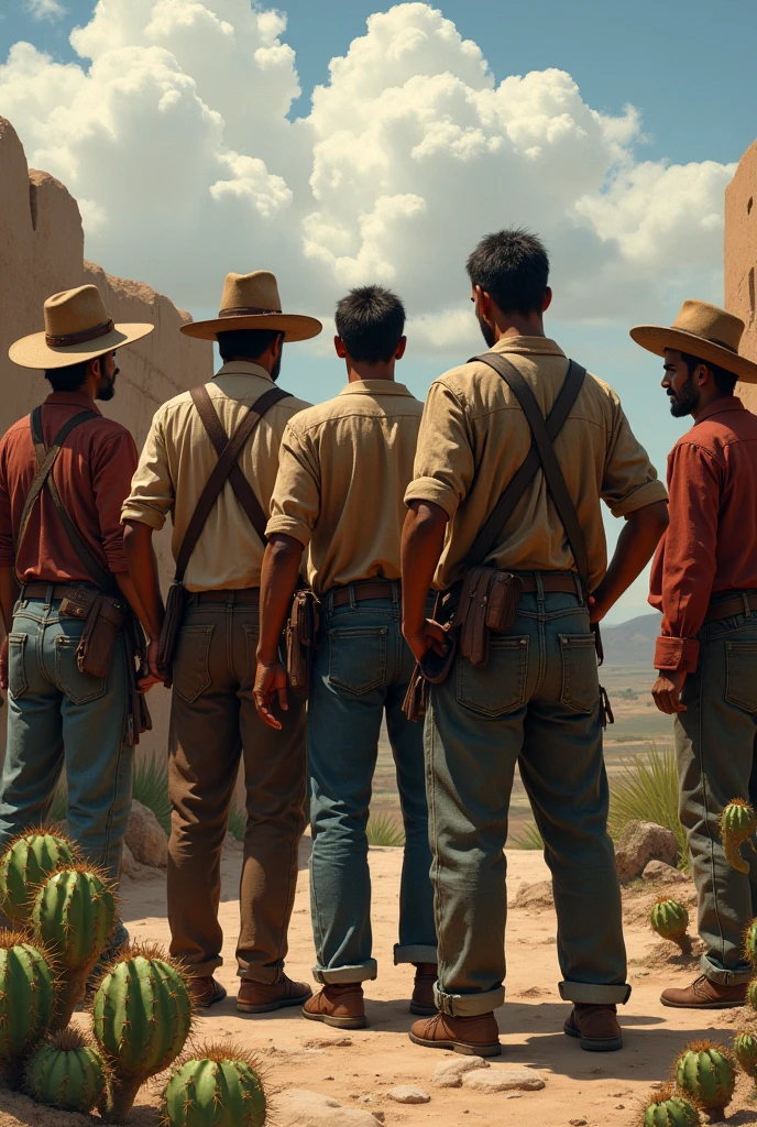 Mexican peasants of independence ready to fight with nopales in hand and with their backs turned