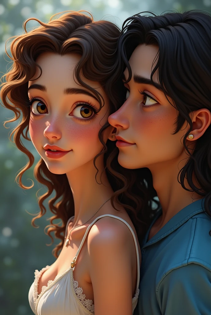 Disney princess with curly and brown hair. thin face, small nose but with a slightly raised septum, small lips and light brown eyes.
That I have many freckles. Male with long hair and smaller eyes. blue shirt 