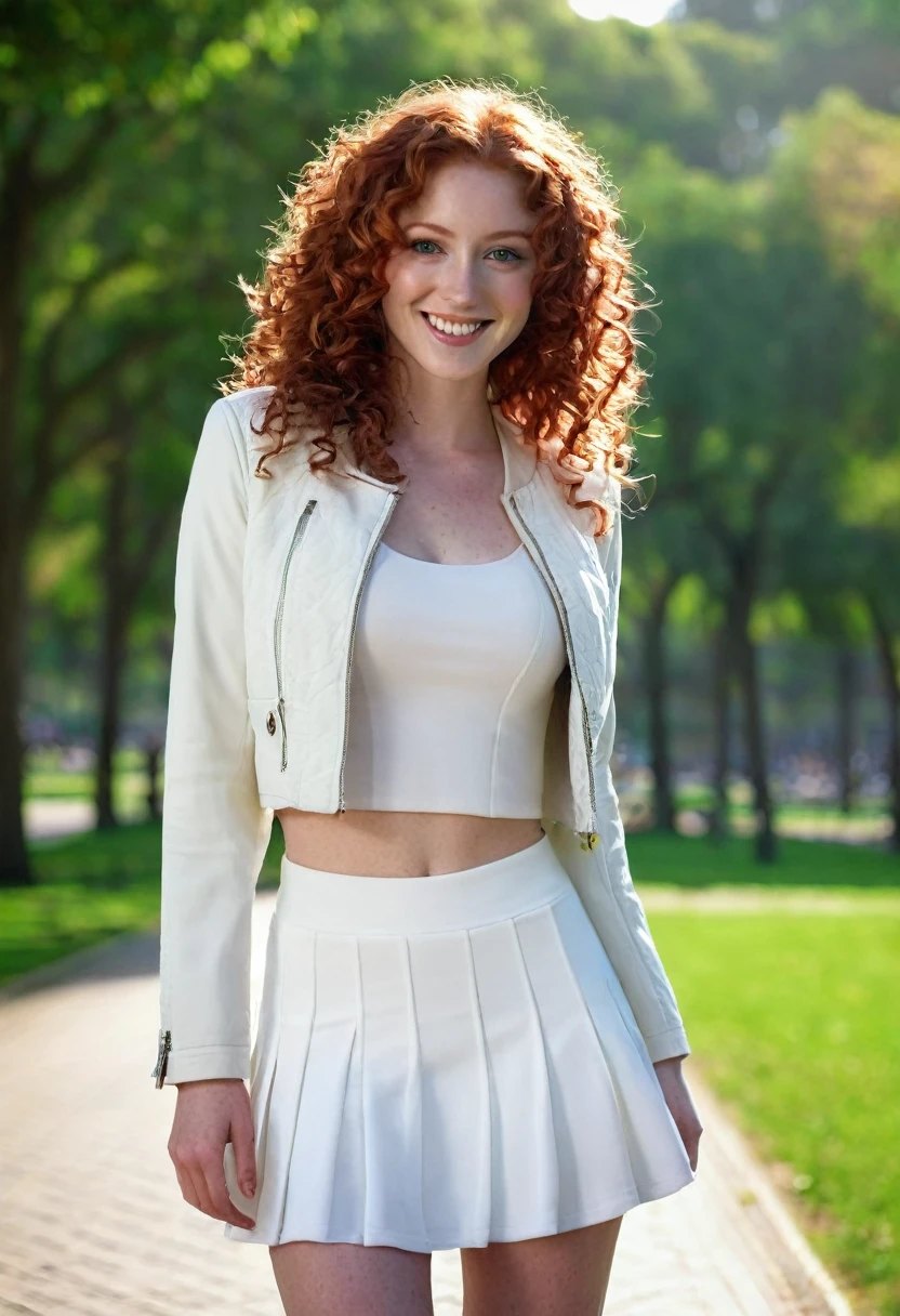Brigitte Bozzo pale fair skin, long reddish wavy almost curly hair, redhead, dark red curly hair, medium sized body, symmetrical eyes, wear fused short top, White cropped jacket and white miniskirt, detailed skin, face photography, HD, Illuminated background, realist, proportionate body, foreground, standing in a park, Beautiful smile. Whole body,
