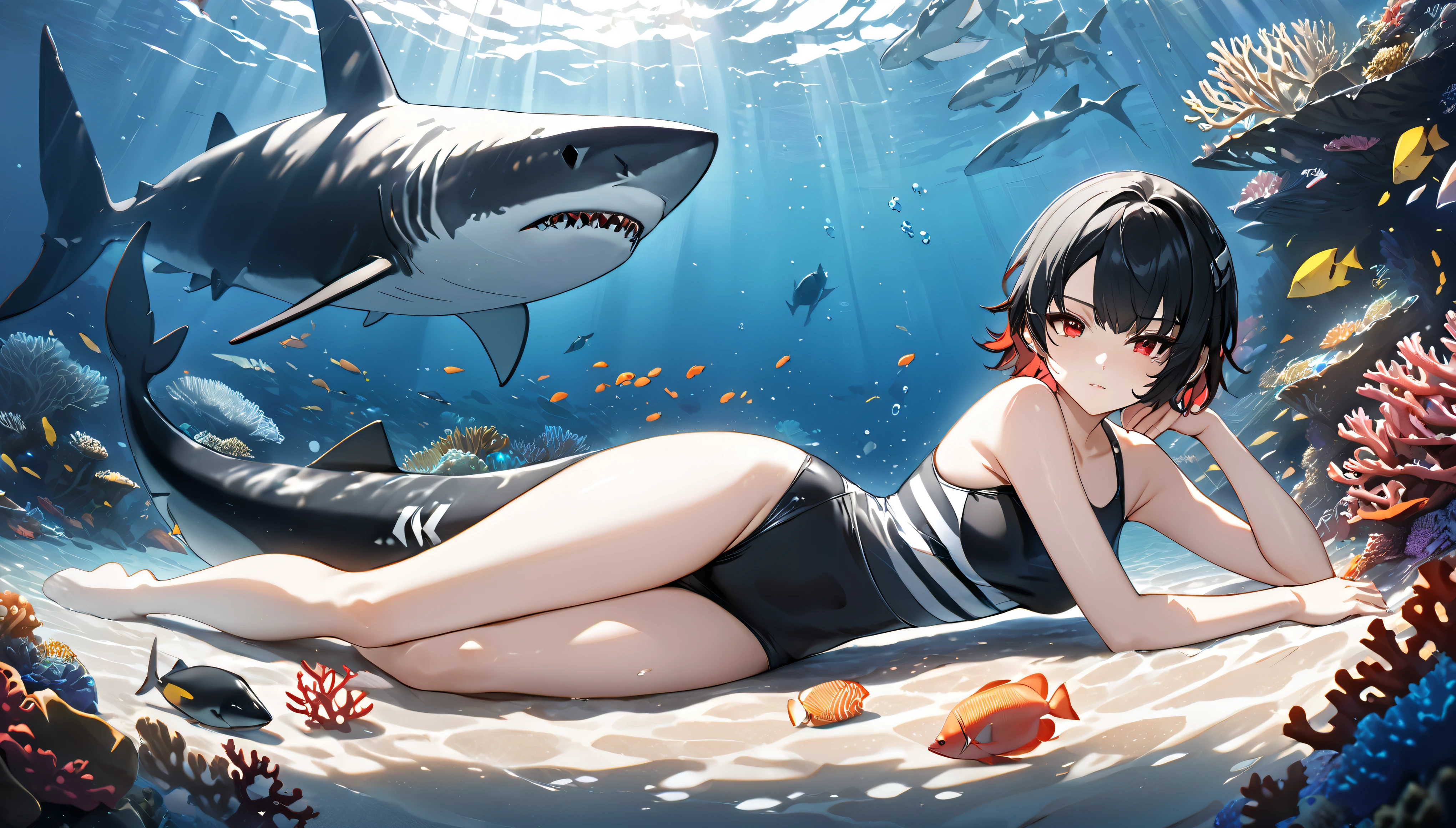 Full body view，masterpiece，high resolution，Anime Art，Anime Numbers， 4k anime wallpaper，Soft Light，Radiant Skin，Looking at the camera，Solitary，An anime girl，Lying down，Black short hair，Striped hair，a mole under red eyes，Black one-piece swimsuit，thigh，Black shark tail，seabed，Coral Reef