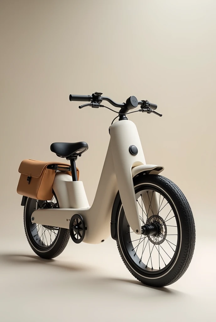 A three-wheeled tricycle based on the Scandinavian aesthetic trend using curved and organic figures , neutral colors, that includes an attached bag to store things , that is light and foldable ,  the seat with backrest and pedals 
