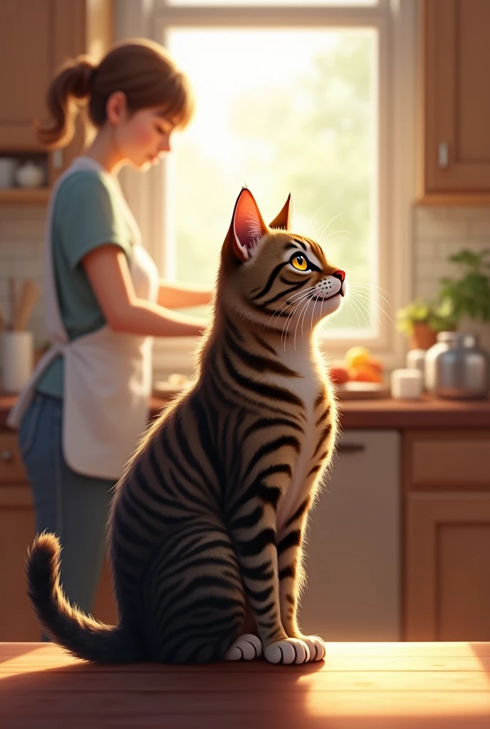 A tabby cat attentively watching his human prepare breakfast]** 