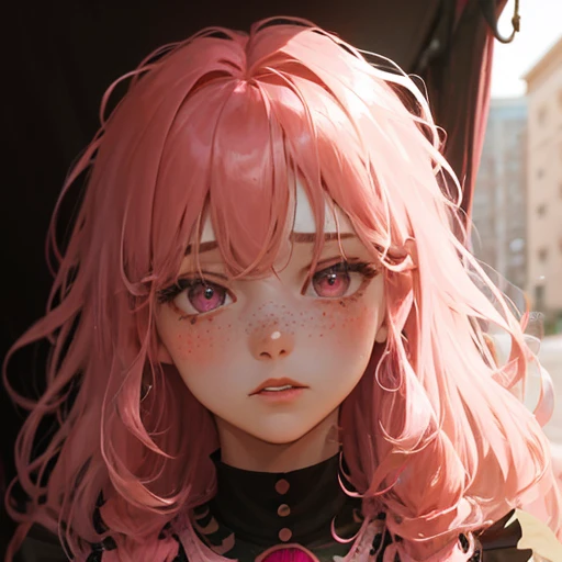 face portrait, 30 year old adult woman, with very long loose hair and curly black strands with pink strands, pale skin with freckles and pink, ruby-like eyes, Wearing a pink, web-printed Rococo-era puffy dress