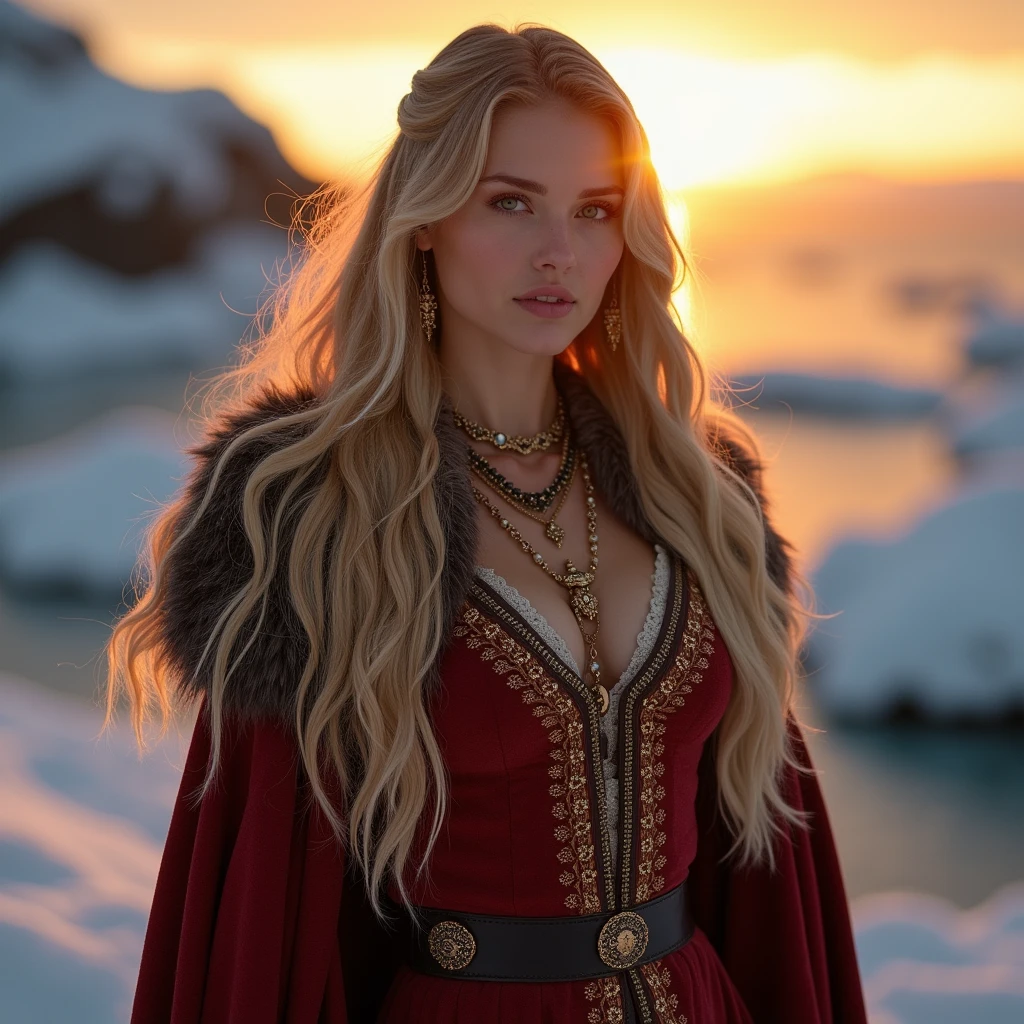 A photo of a model wearing a luxurious Nordic-inspired outfit with fur accents, deep reds, and golds. The outfit includes a form-fitting dress with a plunging neckline, ornate Viking-inspired jewelry, and fur accents. The model's hair is golden and flows down her back. The background is a snow-covered fjord with a glowing, fiery sunset. The lighting is warm and golden, enhancing the sense of warmth and power. The photo was taken with an f/2.5 aperture and an 85mm lens for a rich, intimate focus.