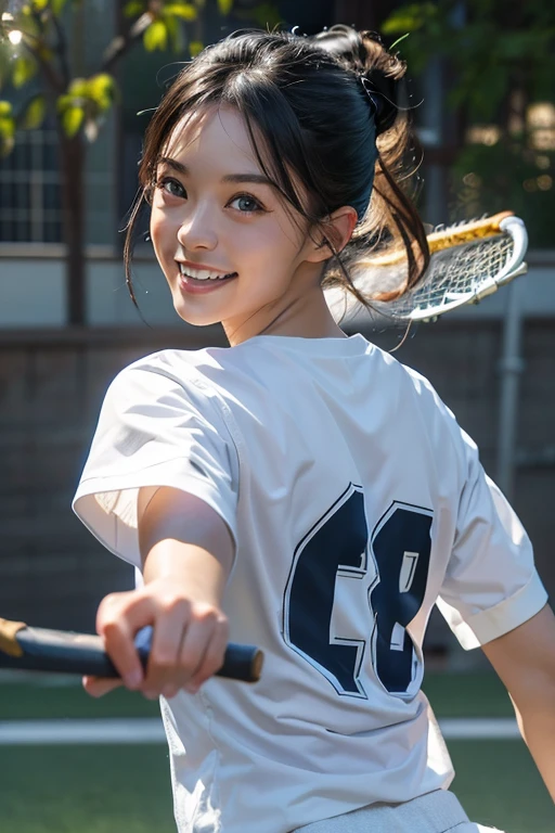 (8k, RAW photo, best quality, masterpiece), (photorealistic), outstanding details, ultra-high resolution, anatomically correct, textured skin, (Extremely precise and accurate anatomy),
Ultra Detailed Face, Detailed Eyes, 

(Cute Japanese girl), 
Lacrosse player, tanned skin, smiling face, holding Lacrosse stick, Running, Ponytail, Field lacrosse, 
Medium Breast, 

(backlighting), 
reflection light, 
atmospheric perspective, depth of field, 
(dramatic lighting), cinematic lighting, 