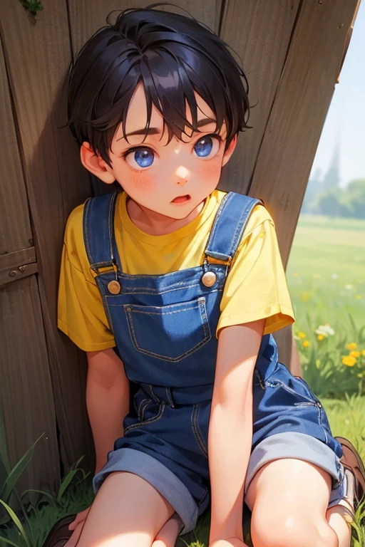 1boy,  british boy in overalls with shorts and a yellow shirt underneath, bending on knee poses, glowing blue eyes, outdoor, close-up, cutest 