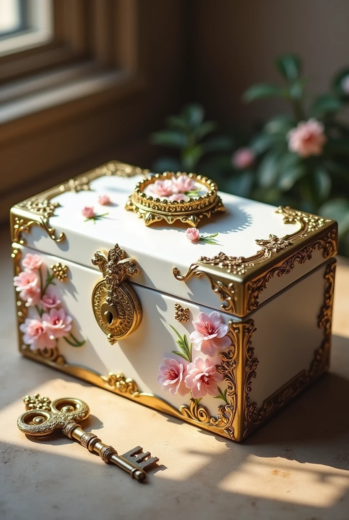  a delicate white chest with gold reliefs on the sides with cherry blossoms and small green leaves painted on the chest with a striking and strange lock in the middle with the key next to it equally strange and unique that can open the chest 