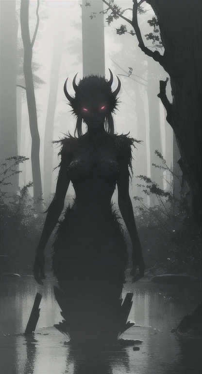 Foggy Forest, ancient female creature, demonic silhouette, fairy shadow figure, red eyes, eyes in the fog, rotting, looking dead, torn wings, 