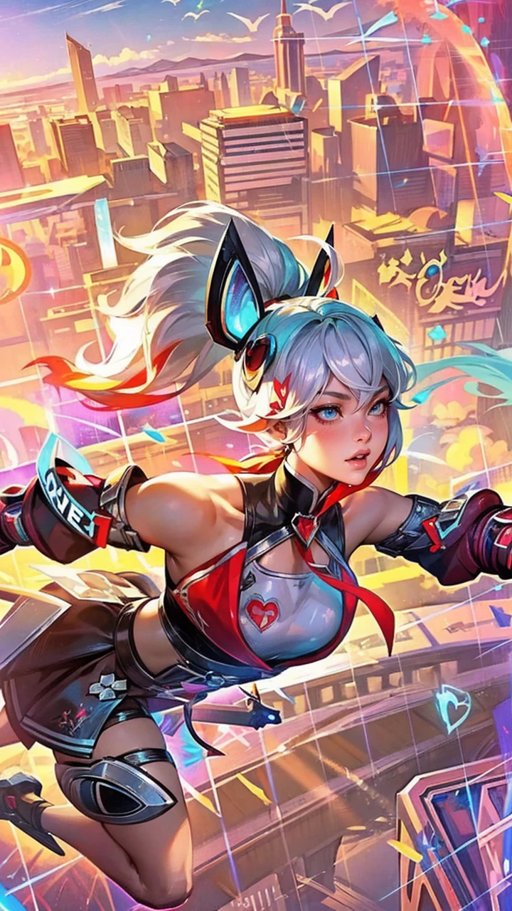 a close up of a woman flying through the air with a sword, cyberpunk art inspired by rossdraws, trending on Artstation, fantasy art, rossdraws cartoon vibrant, extremely detailed artgerm, kda, ig model | artgerm, ! dream artgerm, style artgerm, :: rossdraws, rossdraws 2. 0