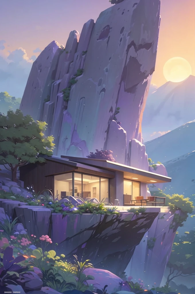 small and beautiful modern house in top of big boulders, terraces, pool, stairs, multiple cacti gardens, palms, trees, rocks, beautiful landscape design, mountains and volcano y background, amazing clouds, sun, moon, planets, milky way galaxy, concrete, wood, glass and steel materials, olive green, violet, orange and withe colors in facade
