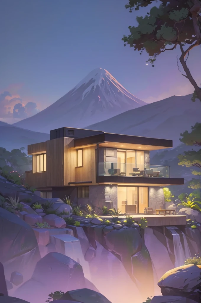 small and beautiful modern house in top of big boulders, terraces, pool, stairs, multiple cacti gardens, palms, trees, rocks, beautiful landscape design, mountains and volcano y background, amazing clouds, sun, moon, planets, milky way galaxy, concrete, wood, glass and steel materials, olive green, violet, orange and withe colors in facade