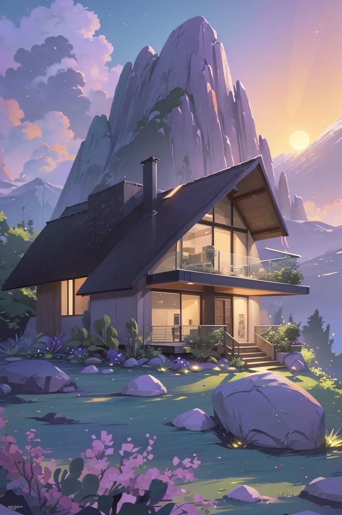 small and beautiful modern house in top of big boulders, terraces, pool, stairs, multiple cacti gardens, palms, trees, rocks, beautiful landscape design, mountains and volcano y background, amazing clouds, sun, moon, planets, milky way galaxy, concrete, wood, glass and steel materials, olive green, violet, orange and withe colors in facade