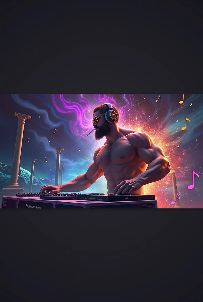 A 3D render of a surreal digital artwork featuring David, a muscular, god-like figure with an imposing and powerful presence. David’s well-defined, chiseled physique stands out as he becomes one with the music, wearing sleek, futuristic headphones and skillfully manipulating a high-tech DJ deck. Every contour of his strong, muscular body is accentuated by the intense, dramatic lighting that casts dynamic shadows across his frame. In one hand, he holds a lit cigarette, with wisps of smoke intertwining with vibrant, colorful music notes that float and pulse in the air, moving in harmony with the beat.

The background is alive with a vibrant explosion of swirling colors—ranging from electric blues and fiery reds to radiant purples and greens—creating a dynamic and captivating atmosphere. The scene masterfully blends the grandeur of ancient Greek architecture with futuristic, sci-fi elements, as towering columns and holographic structures merge in the surreal landscape. A radiant