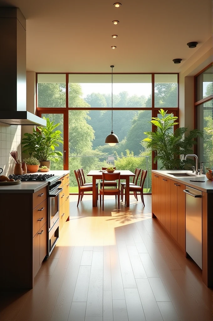 Kitchen with dining room. Large windows overlooking the garden. oven. Dishwasher, two-door refrigerator with an island in the middle
