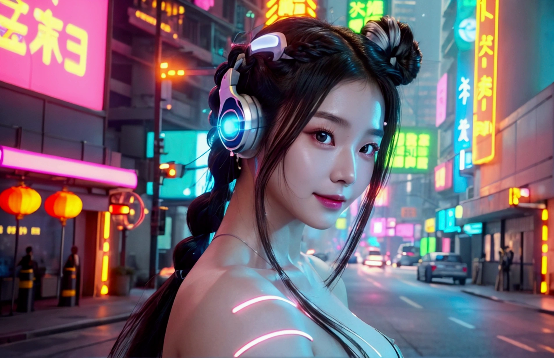 1 woman, Chinese,naked body,Big breasts,Slick,cyberpunk city, dynamic gesture, Glowing headphones, glowing hair accessories, long hair, glow earrings, Fluorescent necklace, cyberpunk, เมืองที่มีtechnologyสูง, full of mechanical and of the future elements, of the future, technology, glowing neon, pink, Light blue, Clear tool, Transparent beam, laser, City Sky Digital Background, Big Moon, with vehicles, best quality, Masterpiece, 8ก, Edge of character light, Extremely high detail, High quality, The most beautiful woman in humanity, smile a little, The face faces left and right symmetrically., Ear decoration, Beautiful iris light effect, Image data, I have silver-white hair, Hair is not messy, long hair,Two high bun braids hairstyle, Luminous electronic clock, deep eyes, be happy, English Doodle Writing