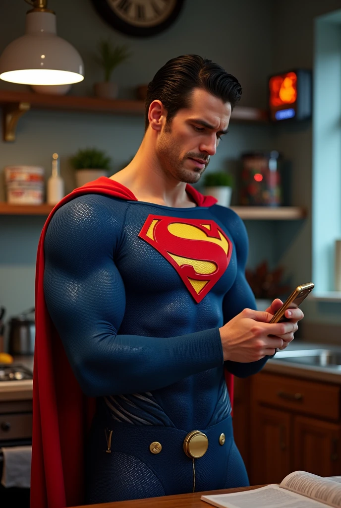 Superman Tries to Order Food"
Lighting: Bright, focused lighting on Superman as he stands in front of a phone, contrasting with dimmer background lighting.
Composition: Superman is holding a phone and speaking into it with a look of urgency and confusion. His phone screen shows a food delivery app.
Action: Superman is talking rapidly, causing the restaurant employee on the other end to look bewildered. The camera captures Superman’s exaggerated expressions and his super-speed-induced blur around him.
Props: A digital clock on the wall shows the time passing quickly, highlighting Superman’s haste. The background includes a few scattered cooking magazines and an open cookbook.