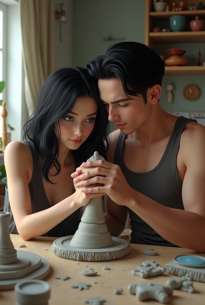 a couple consisting of a pale woman with blue eyes and jet black hair with a handsome man with a shaped body with jet black hair and dark blue eyes, making a clay figure, sixties aesthetics