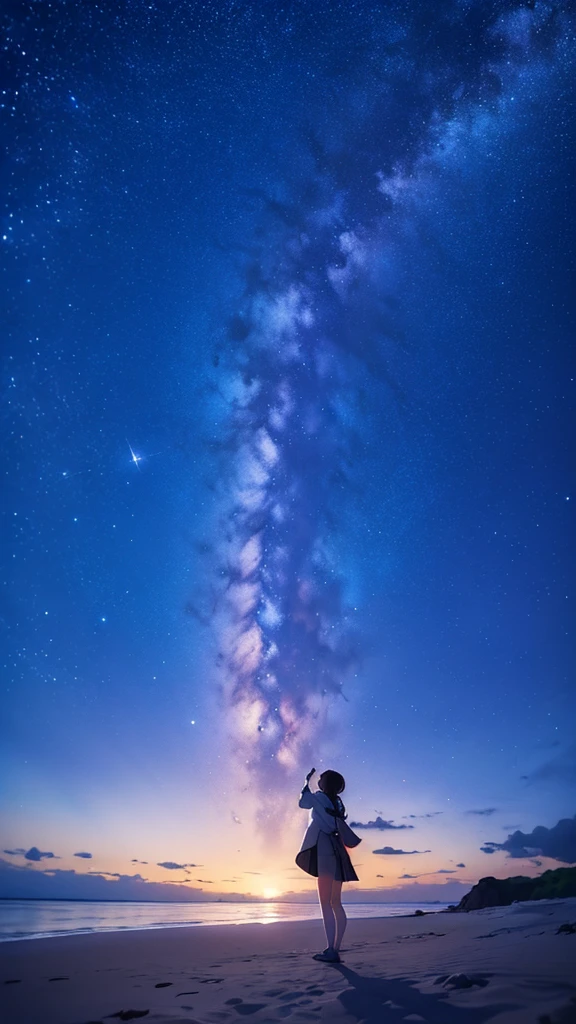Japanese cartoons、(masterpiece:1.2),(Ridiculous:1.2),high resolution,Very detailed,stunning creation,Starry sky themed artwork、White Sand Beach、Woman looking up at the starry sky、Black silhouette、((Traveler from another world、cape))、gazing heavenward、Beautiful Effects、Lighting production、meteor