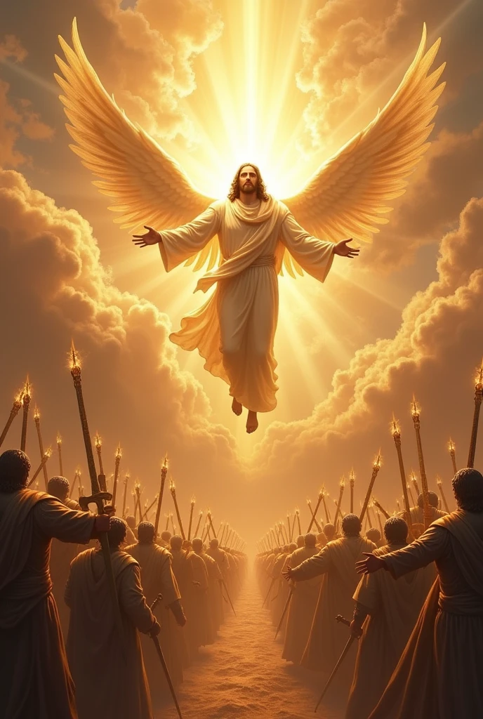 Jesus coming to earth with all his warrior angels flying in a cloud