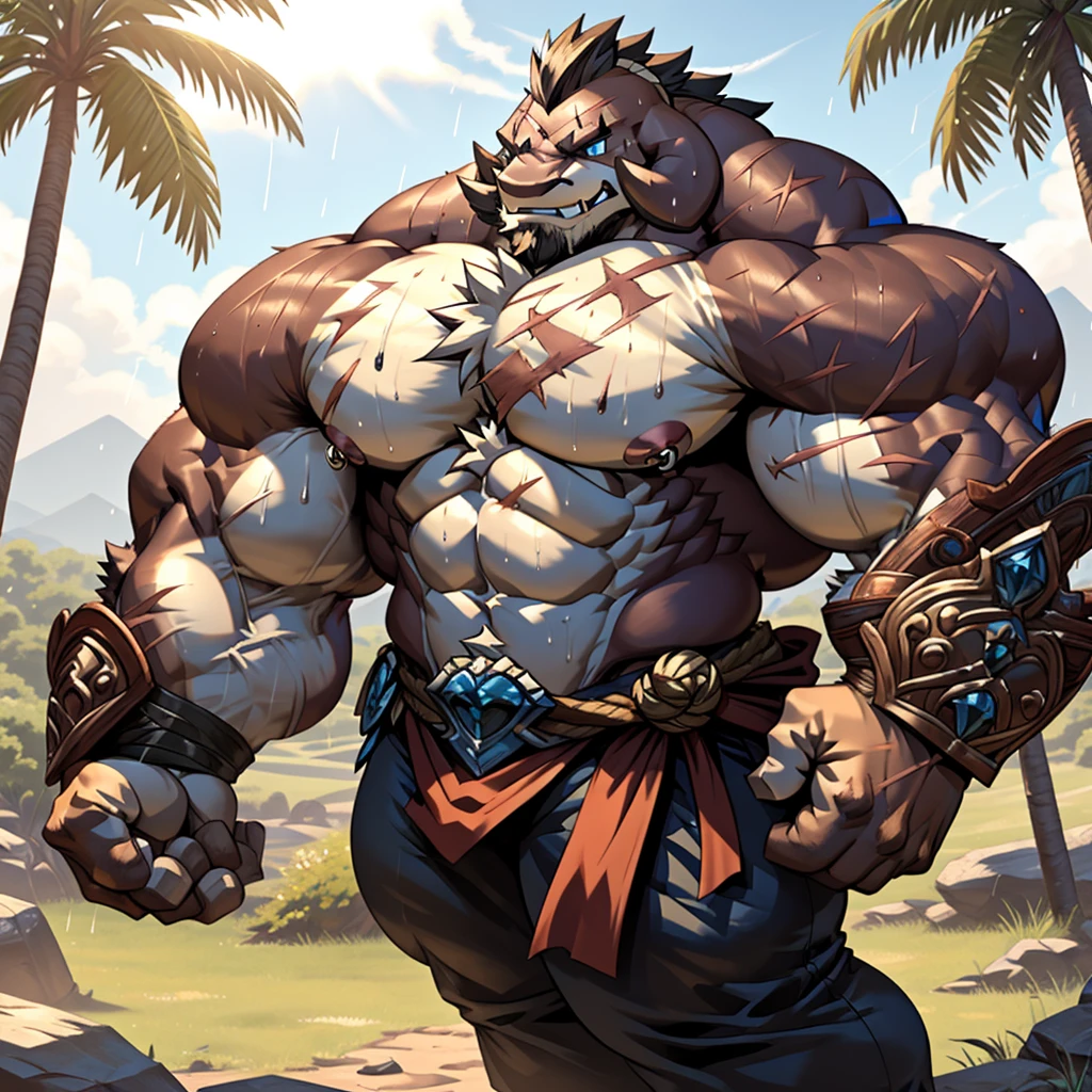 sweaty, muscular, upper body, rainy, rain forest, nipples pierced, hairy, anthropomorphic, chest, hair, serious face,（Scar on face）, Mature,（Blue eyes）, Huge, muscular, ripped, abs, wild, dwarf, braided beard, red hair, mohawk hair, armor, tribal_armor, wide_chest,wide_body,wide_torso,big_arms,big_body, intimidating,nullghost_art_style, comicbook_art, detailed, HD, 4k,upper_body,body_shot,face_focus, good looking, male, anthro, ultradetailed, muscular, solo, bareness, rippling muscles, muscles, Topless， Houses in the Stone Age， hairy， personification， chest hair， Serious face（scars in the face） Mature （blue eyes）Huge muscle ripped abs wild, full_body, tribal armor, Perfect Anatomy, HDR,8K,(withe_fur), anime,full-body,perfect_arms,detailed_hands,big_hands, strong, hands, topless, visible_pecs,visible_abs, mohawk, withe_hair, brute, muscular,big_arms, veiny